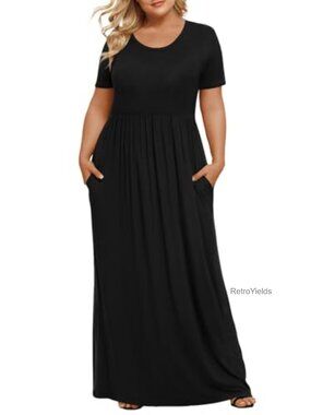 Plus Size Maxi Dress Short Sleeve Casual Long Dress with Pockets